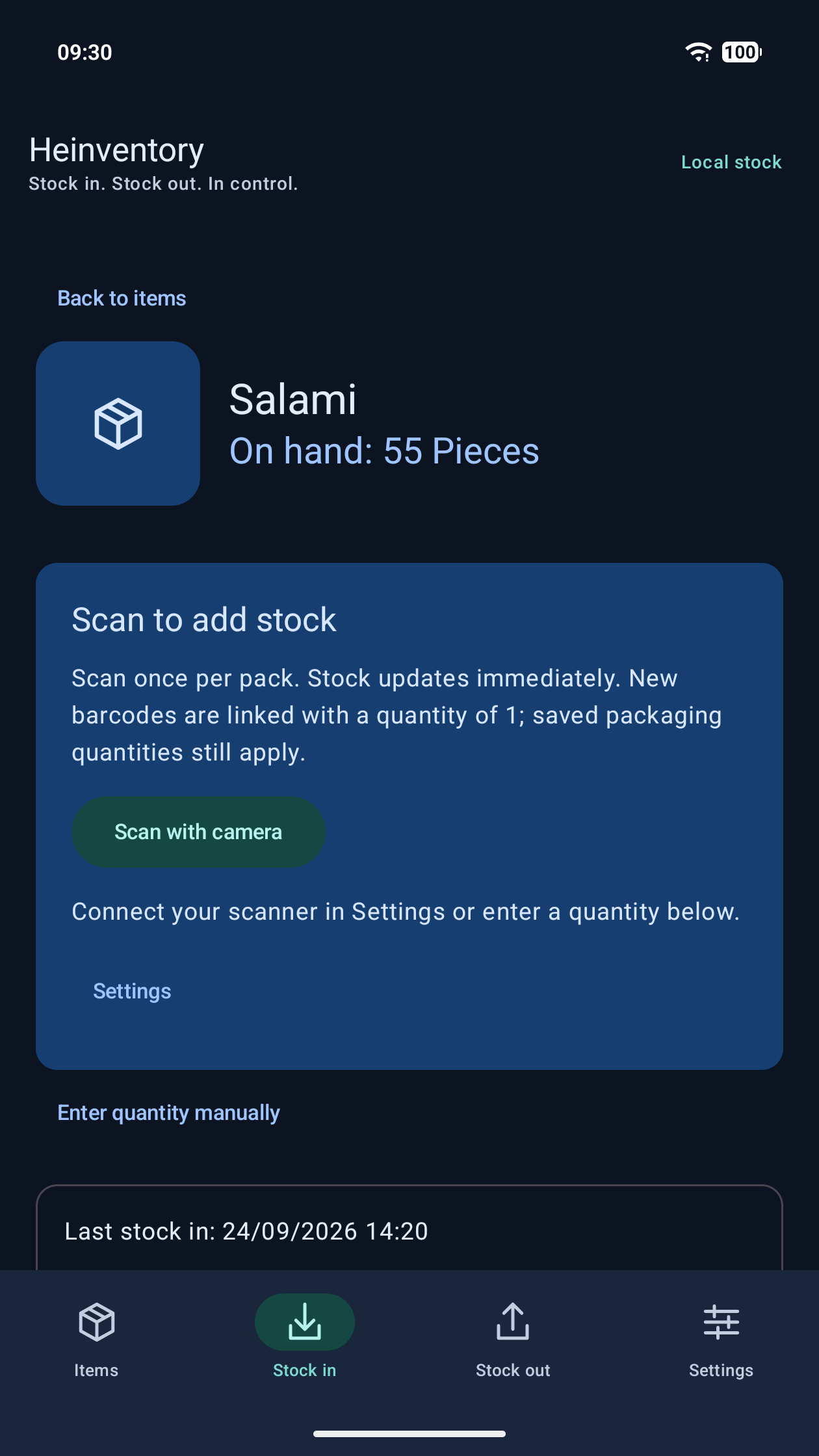 Stock in for an item with camera scanning and manual quantity entry